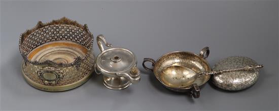 A late Victorian silver tobacco box, a silver tri-handled dish and three other items including silver perpetual lighter lamp.